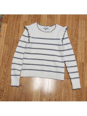 Striped Ruffle Shoulder Sweater - White & Gray